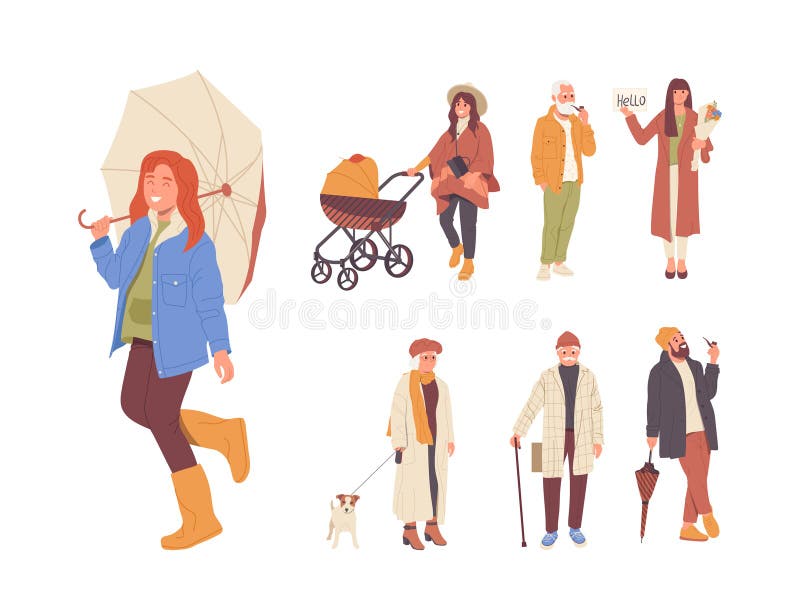 秋色风格与快乐的青少年和老年人漫画角色在散步 库存例证