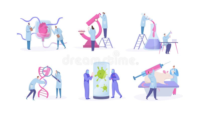 Scientist lab research, concept with tiny people cartoon characters, set isolated on white, vector illustration. Scientific experiment in medical laboratory biology analysis. Genetic science invention. Scientist lab research, concept with tiny people cartoon characters, set isolated on white, vector illustration. Scientific experiment in medical laboratory biology analysis. Genetic science invention