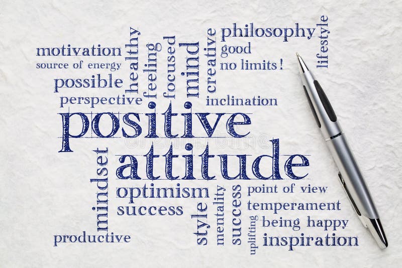 Positive attitude word cloud - handwriting on a white lokta paper wit a pen. Positive attitude word cloud - handwriting on a white lokta paper wit a pen