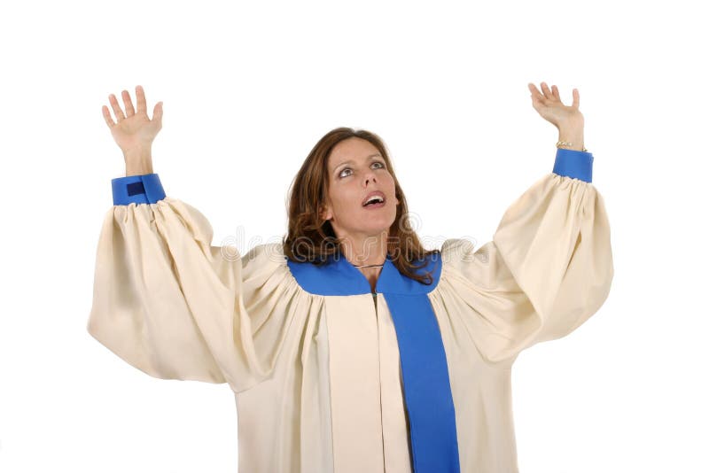 Woman in church choir robe with her arms raised in charismatic praise to God. Shot isolated on white background. Horizontal orientation. Woman in church choir robe with her arms raised in charismatic praise to God. Shot isolated on white background. Horizontal orientation.