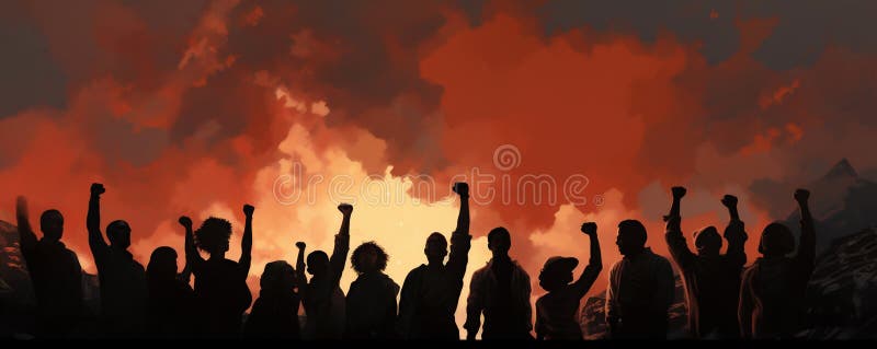 空中握拳的男女形象代表团结绘画的生成性 库存例证