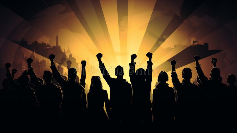 空中握拳的男女形象代表团结绘画的生成性 向量例证