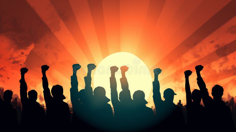 空中握拳的男女形象代表团结绘画的生成性 库存例证