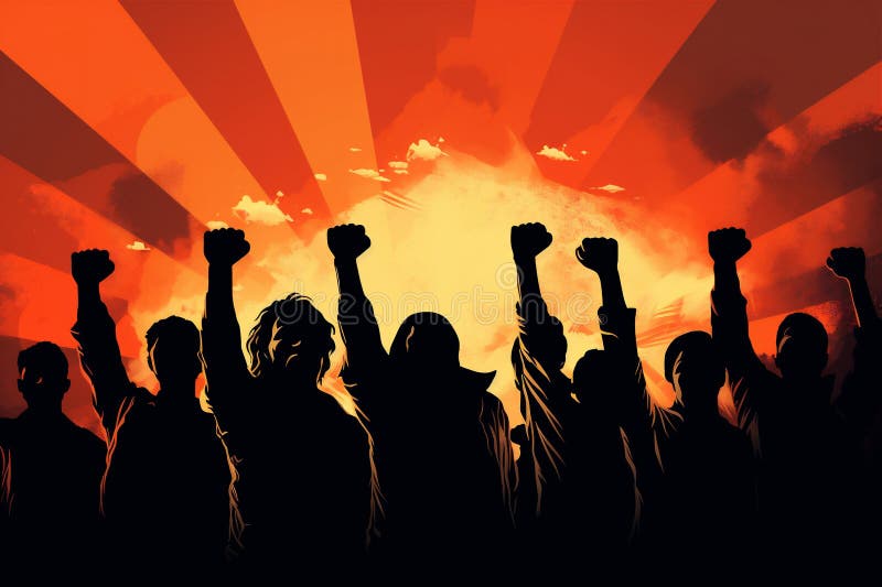 空中握拳的男女形象代表团结绘画的生成性 向量例证