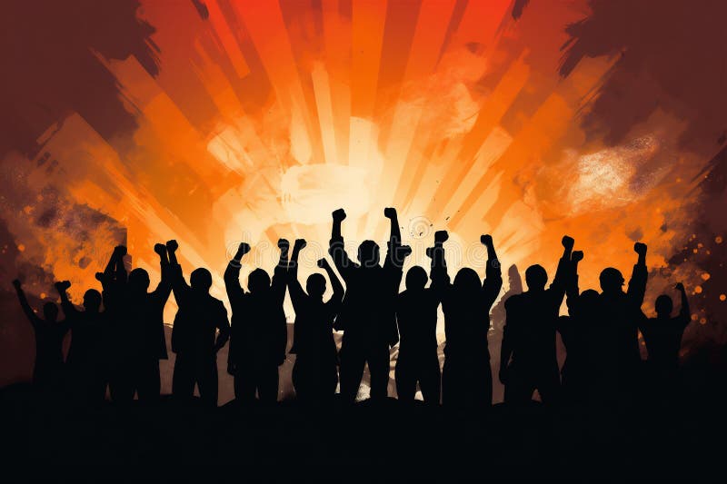 空中握拳的男女形象代表团结绘画的生成性 库存例证