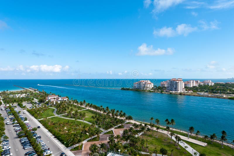 Aerial View of Miami South Pointe Park and Fisher Island. Aerial View of Miami South Pointe Park and Fisher Island.