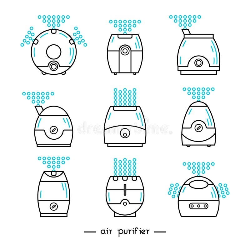 Vector illustration of a humidifier. Line vector air cleaner icon. Air purifier set. Vector illustration of a humidifier. Line vector air cleaner icon. Air purifier set.
