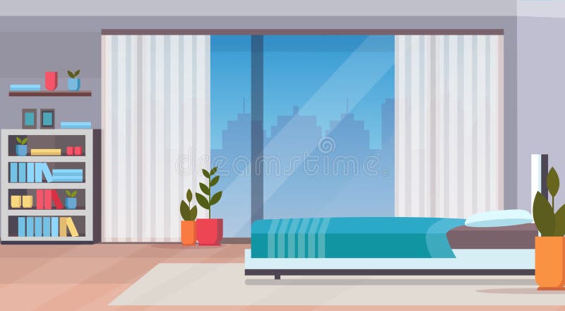 Modern home bedroom interior design contemporary bed room empty no people apartment window cityscape background flat horizontal vector illustration. Modern home bedroom interior design contemporary bed room empty no people apartment window cityscape background flat horizontal vector illustration