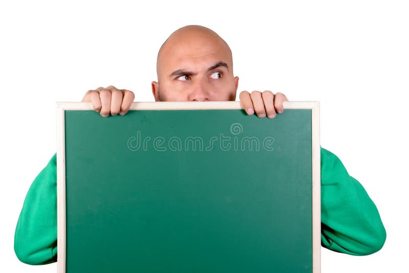 Bald man holding blank chalk board. Bald man holding blank chalk board