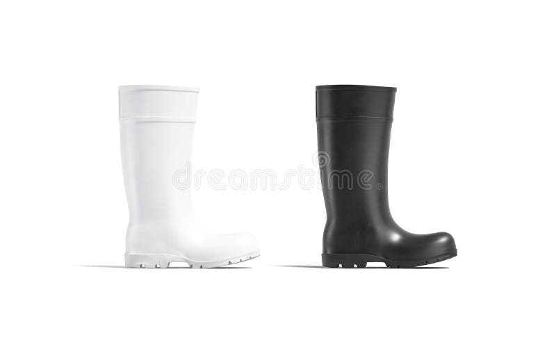 Blank black and white rubber wellington boot mockup set, 3d rendering. Empty wellies overshoes for industry work mock up, isolated. Clear gum-boots for rain protection mokcup template. Blank black and white rubber wellington boot mockup set, 3d rendering. Empty wellies overshoes for industry work mock up, isolated. Clear gum-boots for rain protection mokcup template.