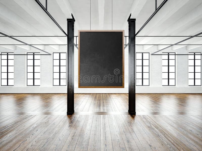 Photo of dining room interior in modern building. Open space loft. Empty white canvas hanging on the wood frame. Wood floor, table, furniture, concrete wall. Horizontal, blank mockup. Photo of dining room interior in modern building. Open space loft. Empty white canvas hanging on the wood frame. Wood floor, table, furniture, concrete wall. Horizontal, blank mockup.