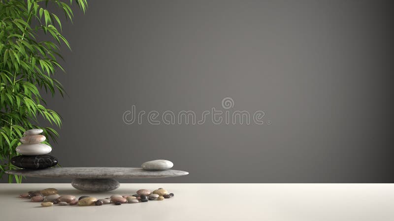 空的室内设计风水概念禅宗想法、白色桌或者架子与小卵石平衡和绿色竹子,在深灰backgr 库存照片 空的室内设计风水概念禅宗想法、白色桌或者架子与小卵石平衡和绿色竹子,在深灰backgr 库存照片