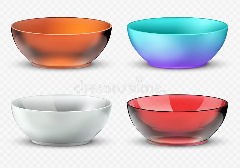 Empty realistic vector food bowls. Plastic, glass and porcelain kitchen dishware set. Bowl for food, glass dishware empty collection. Empty realistic vector food bowls. Plastic, glass and porcelain kitchen dishware set. Bowl for food, glass dishware empty collection