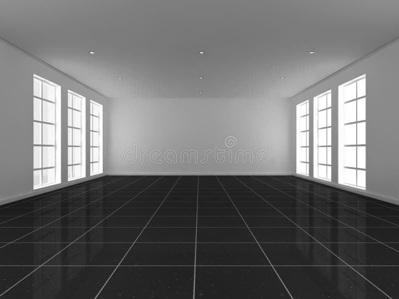 3d illustration of a large, bright, empty room with windows either side. 3d illustration of a large, bright, empty room with windows either side.