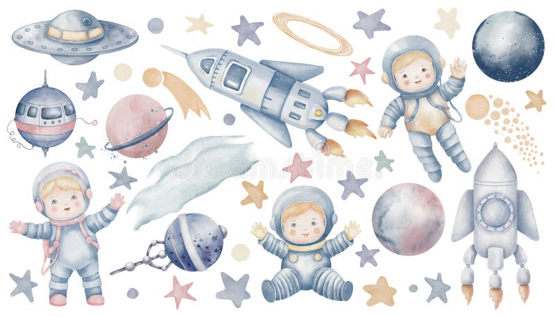 空间水色集. 带有宇宙行星的宇航员和用于婴儿淋浴问候卡或太空船的插图 向量例证