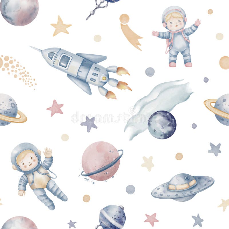 空间水色集. 带有宇宙行星的宇航员和用于婴儿淋浴问候卡或太空船的插图 向量例证