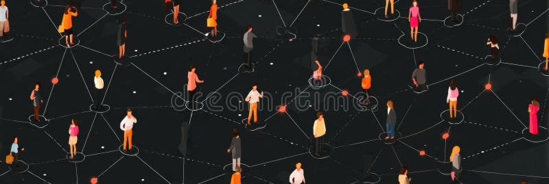 等距网络，通过虚线将不同的头像连接起来，置于广阔的空白空间中，暗示着统一和互动 免版税库存照片