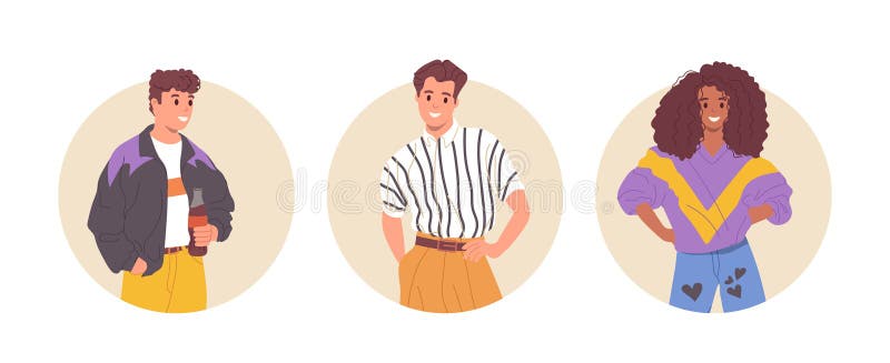 穿90年代时尚风格的独特圆图标章的快乐年轻人 皇族释放例证