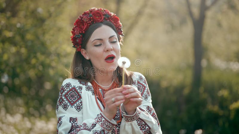 穿着传统刺绣薇夏万卡裙子、吹着蒲公英的乌克兰女性. 乌克兰自由 股票录像