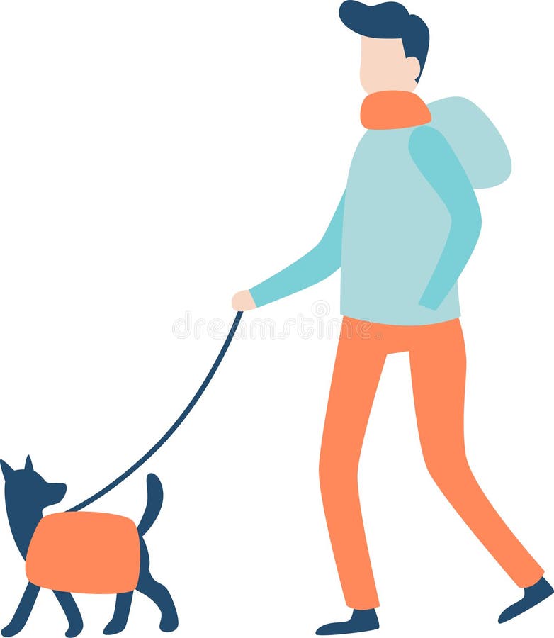 穿着冬装的年轻人穿着时尚的外套遛狗，在户外享受愉快的一天. 简单平面矢量图 向量例证