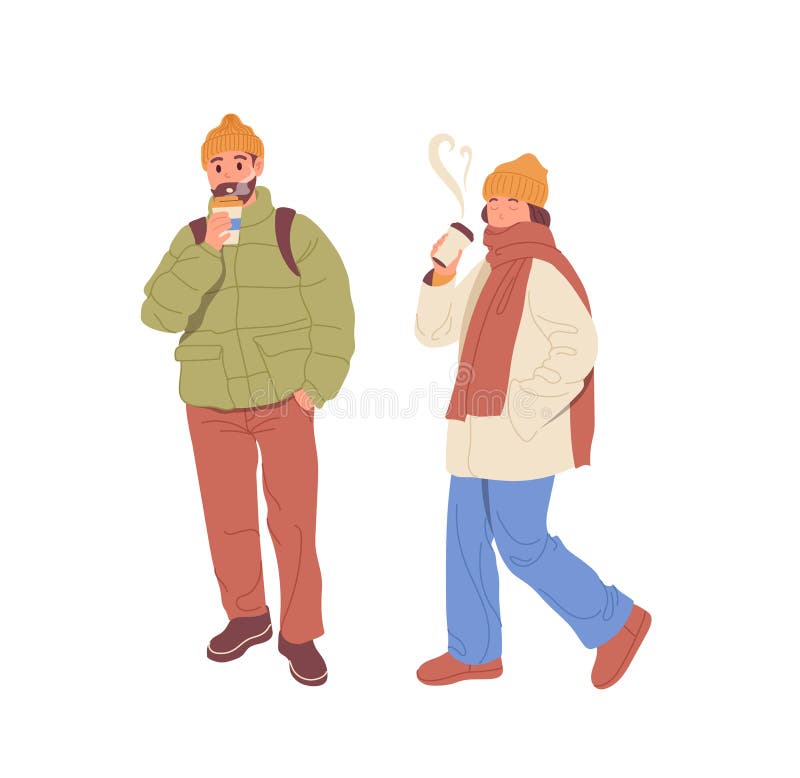穿着秋装喝咖啡茶的快乐青年男女卡通人物 库存例证