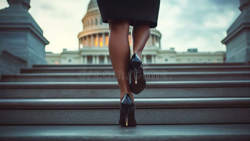 穿高跟鞋、黑色长筒袜走到美国国会的特写深黑皮肤女足. 穿衣服的女人 向量例证