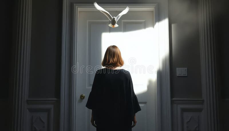 站在门前的女人，一只鸟在头顶上方飞翔 免版税库存照片