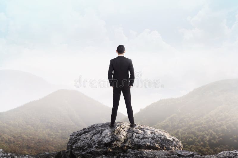 Business man standing on the top of the mountain looking at the valley. Business success concept. Business man standing on the top of the mountain looking at the valley. Business success concept