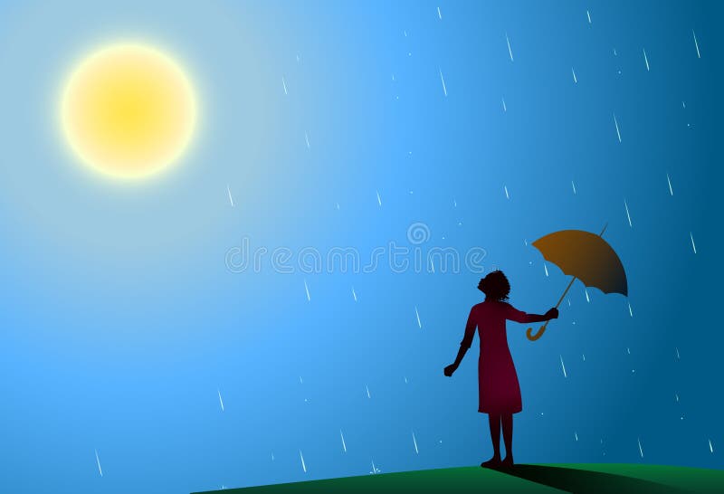 站立在雨中的红色礼服的女孩拉扯在旁边红色伞看明亮的太阳,下雨结束, 向量例证 站立在雨中的红色礼服的女孩拉扯在旁边红色伞看明亮的太阳,下雨结束, 向量例证