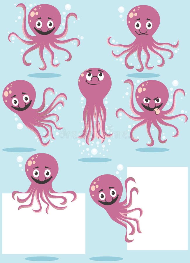 Cartoon octopus in 7 poses. No transparency and gradients used. Cartoon octopus in 7 poses. No transparency and gradients used.