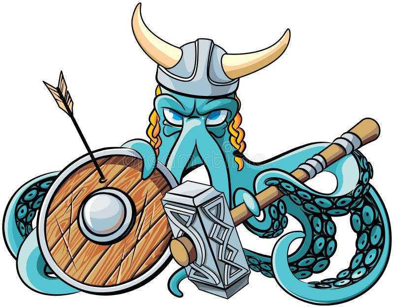 Vector colourful illustration of octopus in the horned viking helmet with battle hammer and wooden shield in his tentacles, isolated on white background. File doesn`t contains gradients, blends, transparency and strokes or other special visual effects. You can open this file with any vector graphics editors. Vector colourful illustration of octopus in the horned viking helmet with battle hammer and wooden shield in his tentacles, isolated on white background. File doesn`t contains gradients, blends, transparency and strokes or other special visual effects. You can open this file with any vector graphics editors.