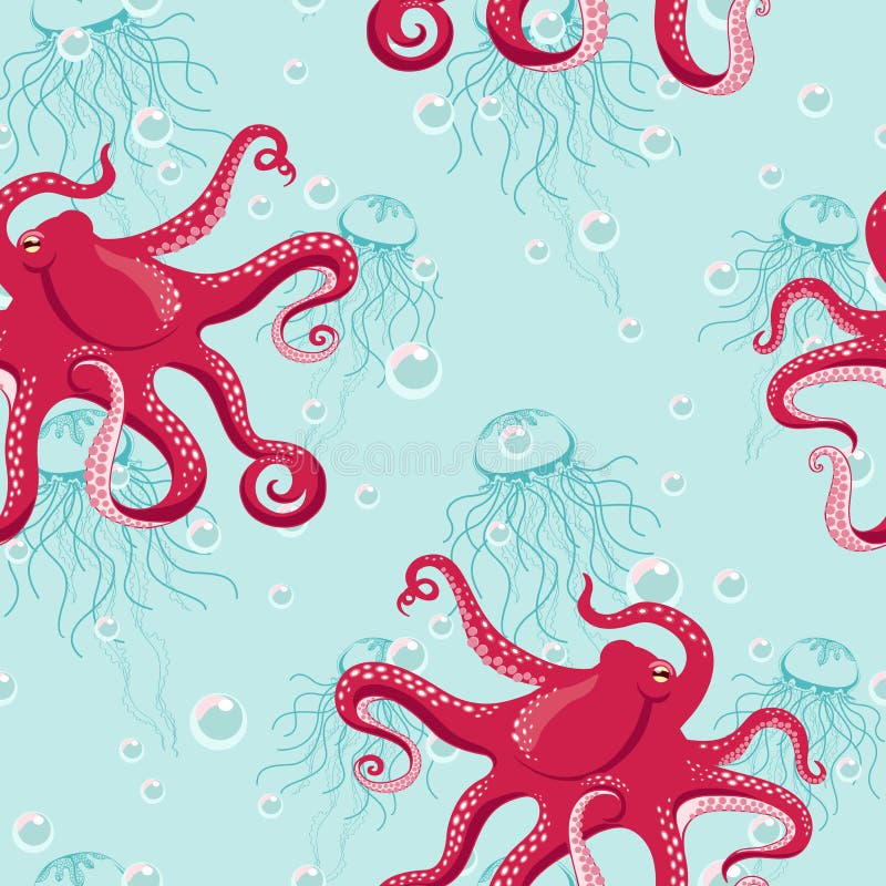 Octopus and jellyfish bright colored seamless pattern. Octopus and jellyfish bright colored seamless pattern