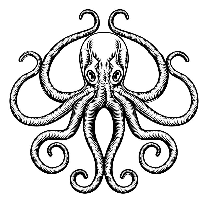 An original octopus or squid tattoo illustration concept design in a vintage woodblock style. An original octopus or squid tattoo illustration concept design in a vintage woodblock style