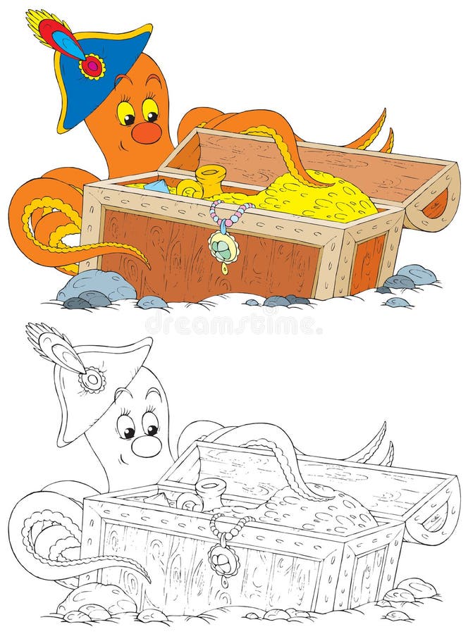 The black-and-white and color illustrations (over white) of the orange octopus and treasures chest. The black-and-white and color illustrations (over white) of the orange octopus and treasures chest