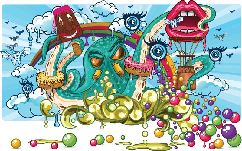 Illustration of an octopus with some sweets and candy in their tentacles, there are also decayed teeth and a balloon flying witrh shaped lips. Illustration of an octopus with some sweets and candy in their tentacles, there are also decayed teeth and a balloon flying witrh shaped lips.