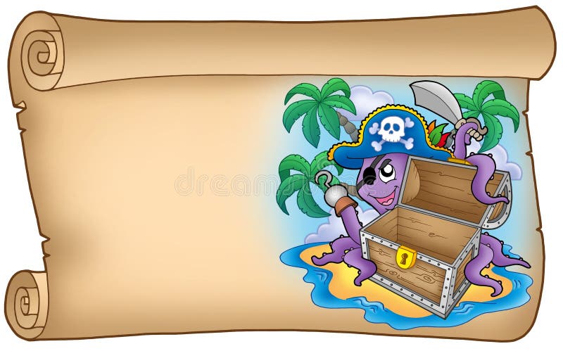 Old scroll with pirate octopus - color illustration. Old scroll with pirate octopus - color illustration.