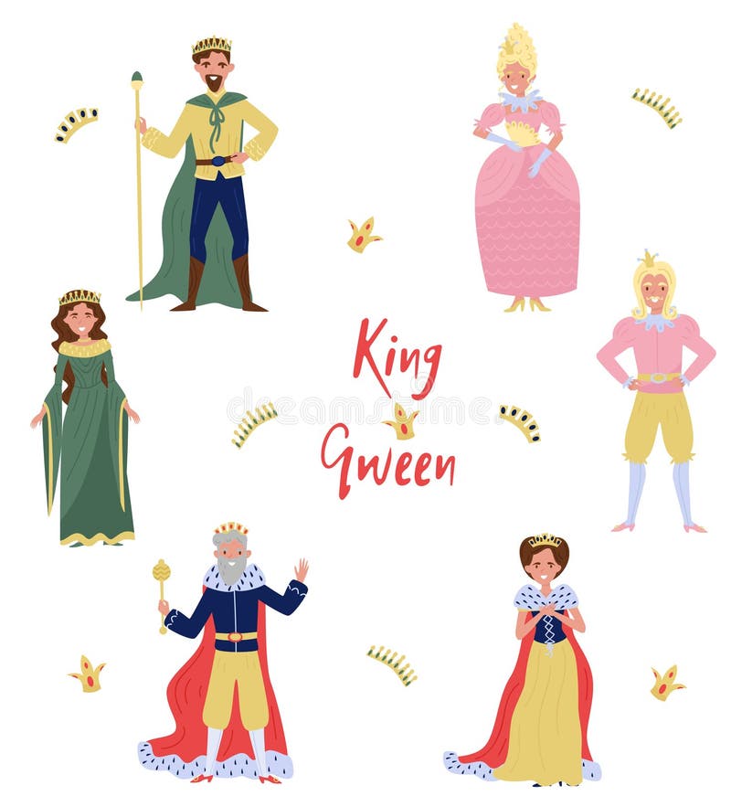 童话字符的汇集，国王、女王/王后、王子和人公主，历史服装的导航 