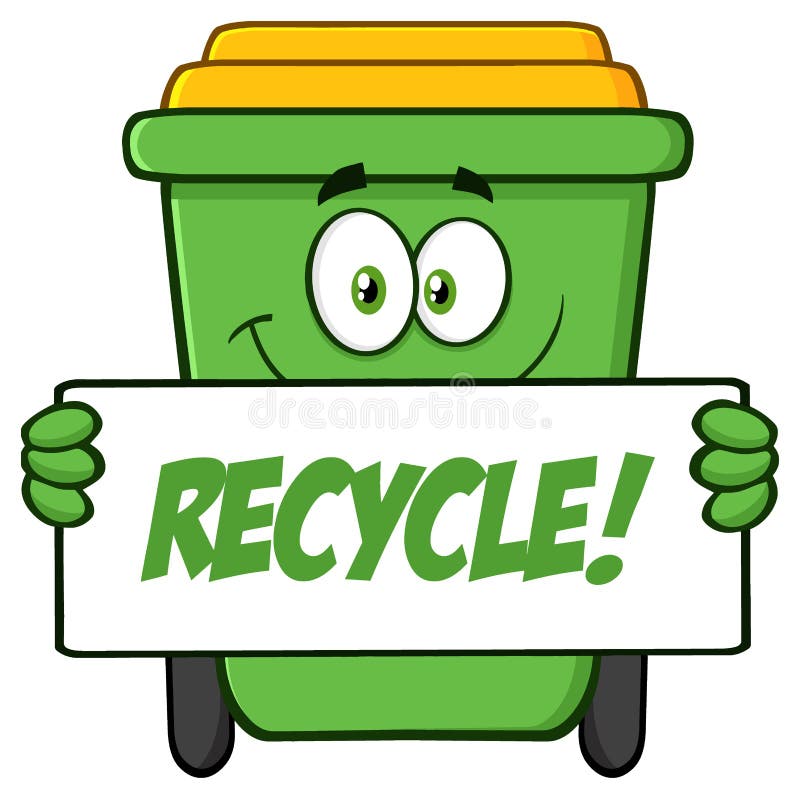 笑绿色回收站卡通吉祥物角色握有回收标记