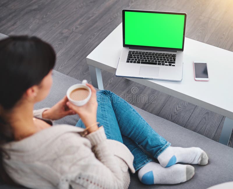 Laptop, coffee or girl with movie green screen to relax in lounge for online subscription, film or video. Drinking tea, above or woman watching series in home for streaming, mockup space or break. Laptop, coffee or girl with movie green screen to relax in lounge for online subscription, film or video. Drinking tea, above or woman watching series in home for streaming, mockup space or break.