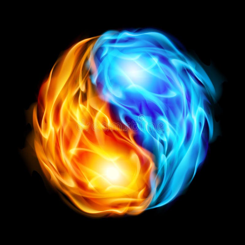 Symbol of yin and yang of the black background in the form of red and blue fire. Symbol of yin and yang of the black background in the form of red and blue fire