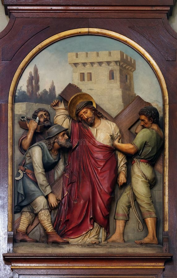 5th Stations of the Cross, Simon of Cyrene carries the cross, Basilica of the Sacred Heart of Jesus in Zagreb, Croatia. 5th Stations of the Cross, Simon of Cyrene carries the cross, Basilica of the Sacred Heart of Jesus in Zagreb, Croatia