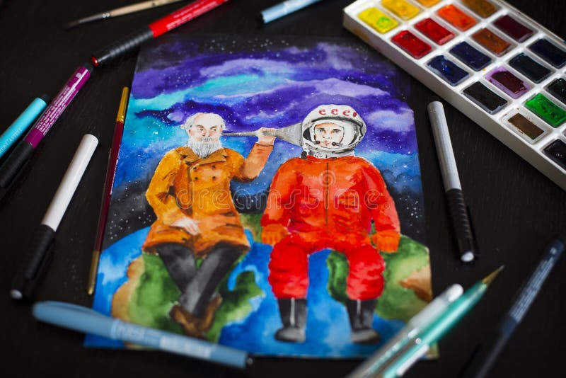 第一位俄罗斯宇航员加加林和科学家齐奥尔科夫斯基的水彩画 库存照片
