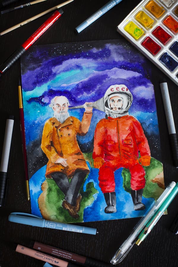 第一位俄罗斯宇航员加加林和科学家齐奥尔科夫斯基的水彩画 库存图片