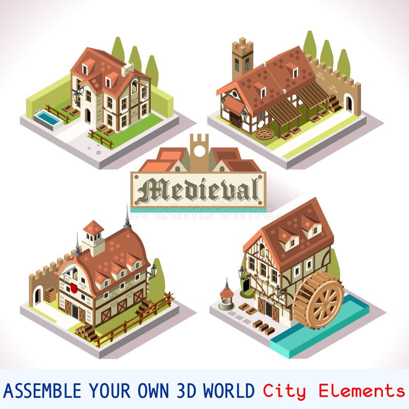 Medieval Tiles for Online Strategic Game Insight and Development. Isometric Flat Middle Age Court with 3D Buildings and Mill. Explore Game Phenomena in the Middle Ages Antique Breton Atmosphere. Medieval Tiles for Online Strategic Game Insight and Development. Isometric Flat Middle Age Court with 3D Buildings and Mill. Explore Game Phenomena in the Middle Ages Antique Breton Atmosphere