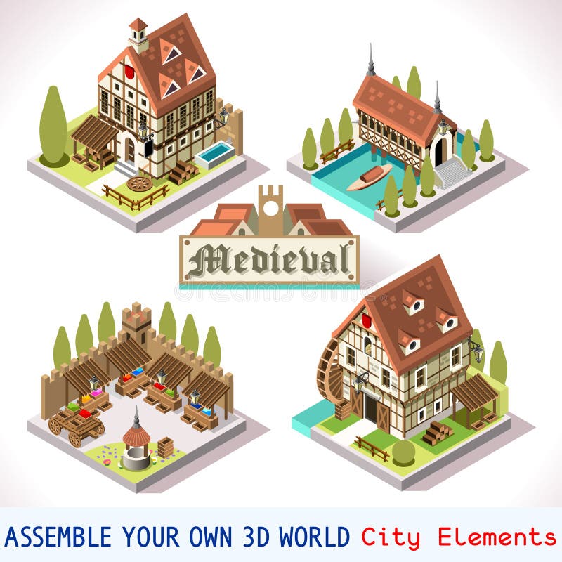 Medieval Tiles for Online Strategic Game Insight and Development. Isometric Flat Middle Age Court with 3D Buildings and Mill. Explore Game Phenomena in the Middle Ages Antique Breton Atmosphere. Medieval Tiles for Online Strategic Game Insight and Development. Isometric Flat Middle Age Court with 3D Buildings and Mill. Explore Game Phenomena in the Middle Ages Antique Breton Atmosphere