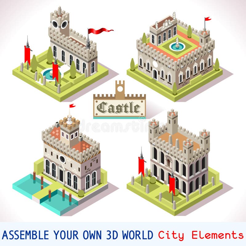 Medieval Tiles for Online Strategic Game Insight and Development. Isometric 3D Flat Middle Age Castle with Towers and Flags. Explore Game Phenomena in the Middle Ages Antique Florence Atmosphere. Medieval Tiles for Online Strategic Game Insight and Development. Isometric 3D Flat Middle Age Castle with Towers and Flags. Explore Game Phenomena in the Middle Ages Antique Florence Atmosphere