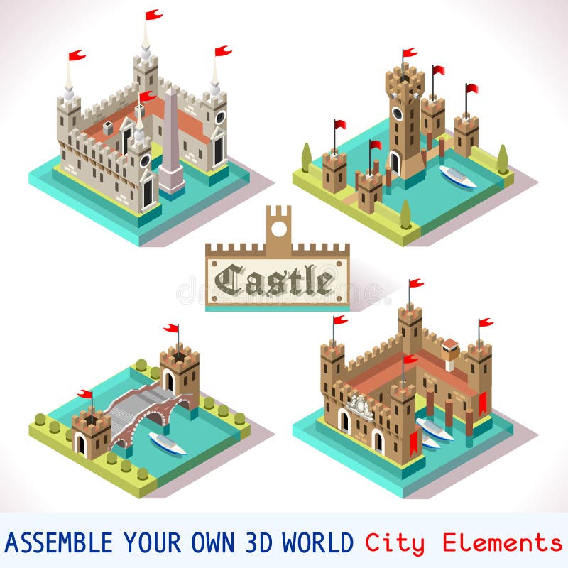 Medieval Tiles for Online Strategic Game Insight and Development. Isometric 3D Flat Middle Age Castle with Towers and Flags. Explore Game Phenomena in the Middle Ages Antique Florence Atmosphere. Medieval Tiles for Online Strategic Game Insight and Development. Isometric 3D Flat Middle Age Castle with Towers and Flags. Explore Game Phenomena in the Middle Ages Antique Florence Atmosphere