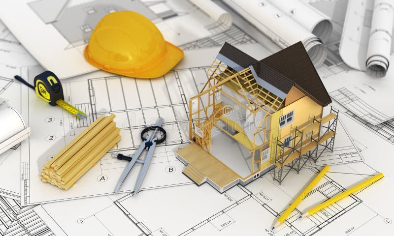 Concept of construction and architect design. 3d render of house in building process with tree, calculator and pencils on the blurred blueprints. We see constituents of roof frame and insulation layer. Concept of construction and architect design. 3d render of house in building process with tree, calculator and pencils on the blurred blueprints. We see constituents of roof frame and insulation layer.