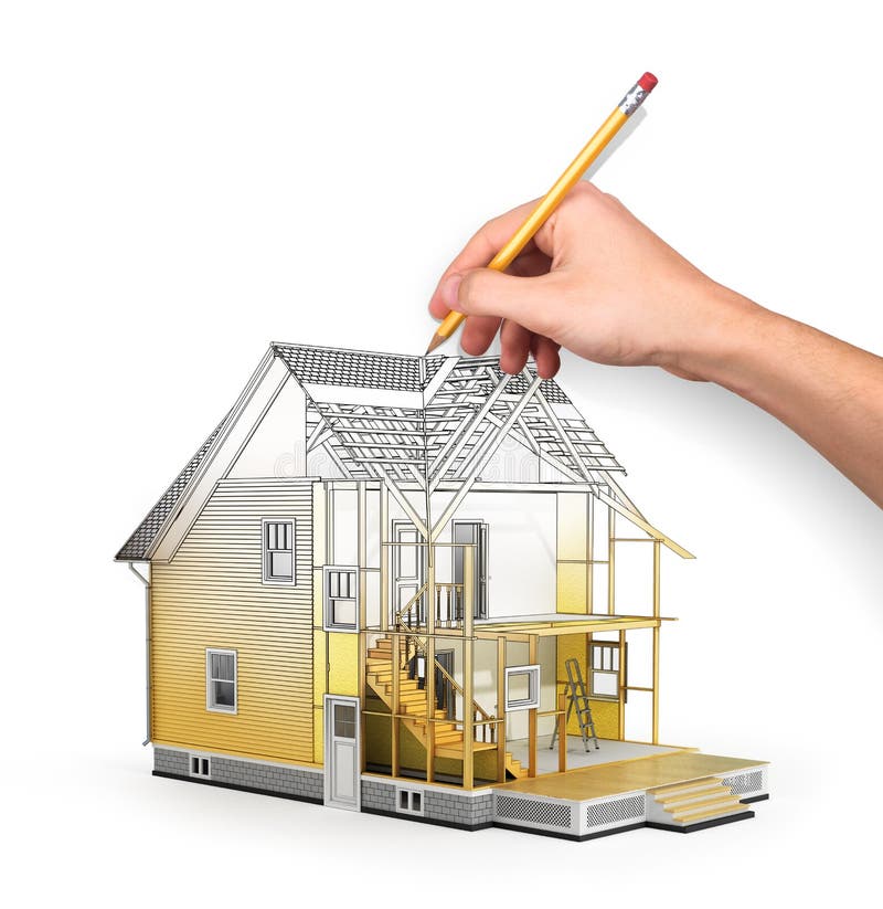 Concept of construction and architect design. 3d render of house in building process with tree. Hand drawing sketch. We see constituents of roof frame and insulation layer. Concept of construction and architect design. 3d render of house in building process with tree. Hand drawing sketch. We see constituents of roof frame and insulation layer.