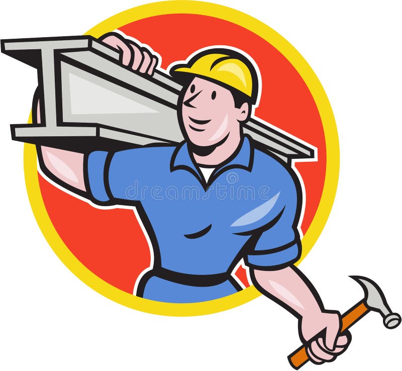 Illustration of construction steel worker carpenter carrying i-beam girder on shoulder set inside circle on isolated white background done in cartoon style. Illustration of construction steel worker carpenter carrying i-beam girder on shoulder set inside circle on isolated white background done in cartoon style.